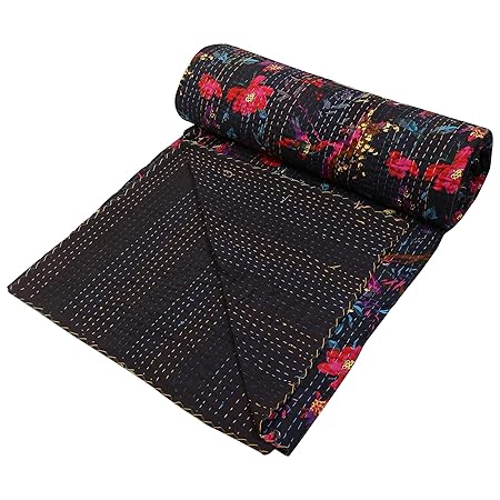 Indian Kantha Cotton Bed Cover Double Black Cotton Paisley Hand Stitched Blanket Bed Cover by Stylo Culture
