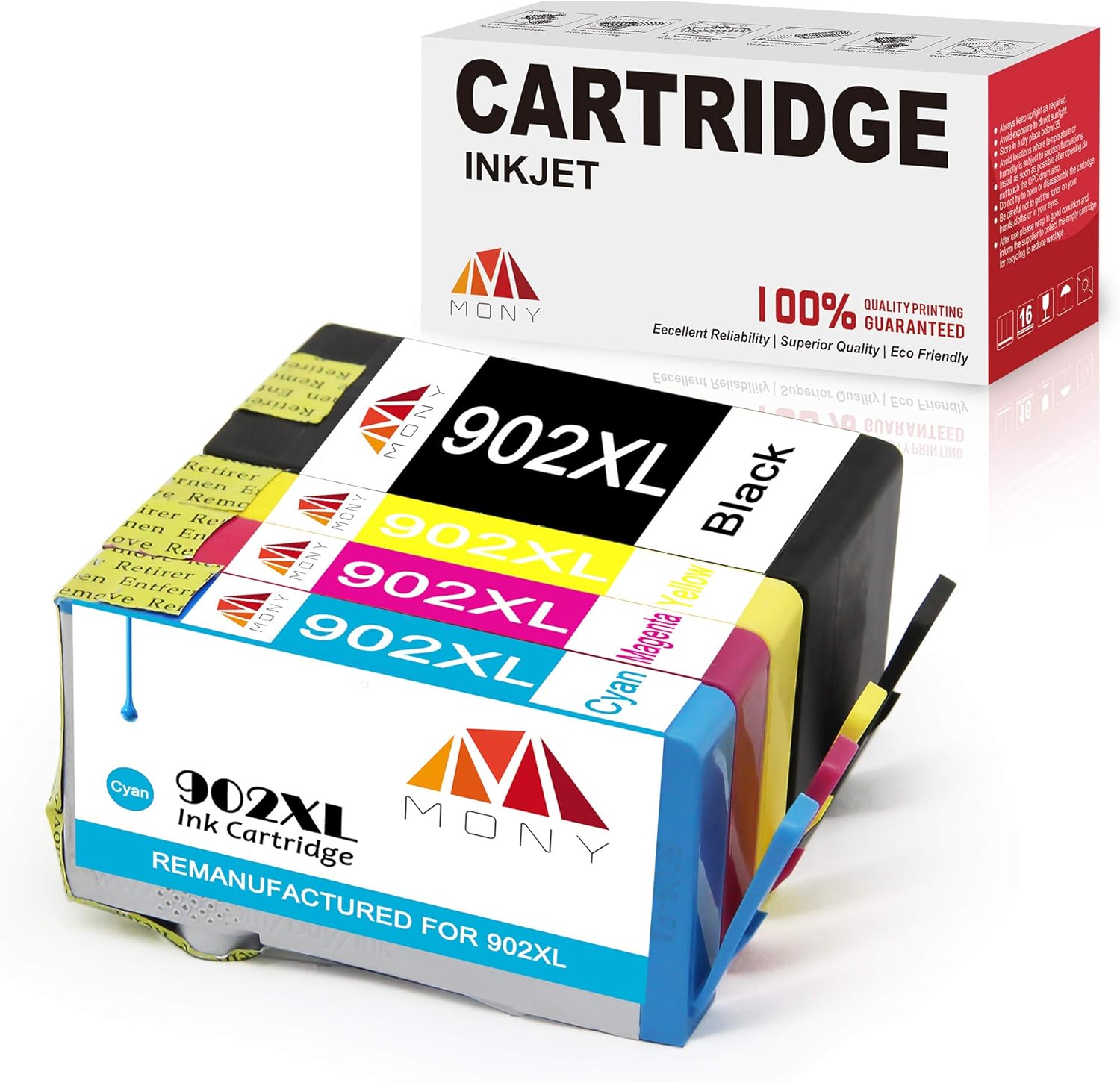 Mony Remanufactured HP 902XL 902 XL Ink Cartridges with New Updated Chip (Black, Cyan, Magenta, Yellow, 4 Pack) Replacement for HP Officejet Pro 6958 6978 6968 6962 6975 6970 6060 6954 6951 Printers