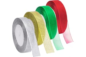Livder 4 Rolls 4/5 Inch in Width Christmas Metallic Glitter Organza Ribbons Golden, Silvery, Red, Green Ribbon for Gift Wrapping, Christmas Tree Room Decoration