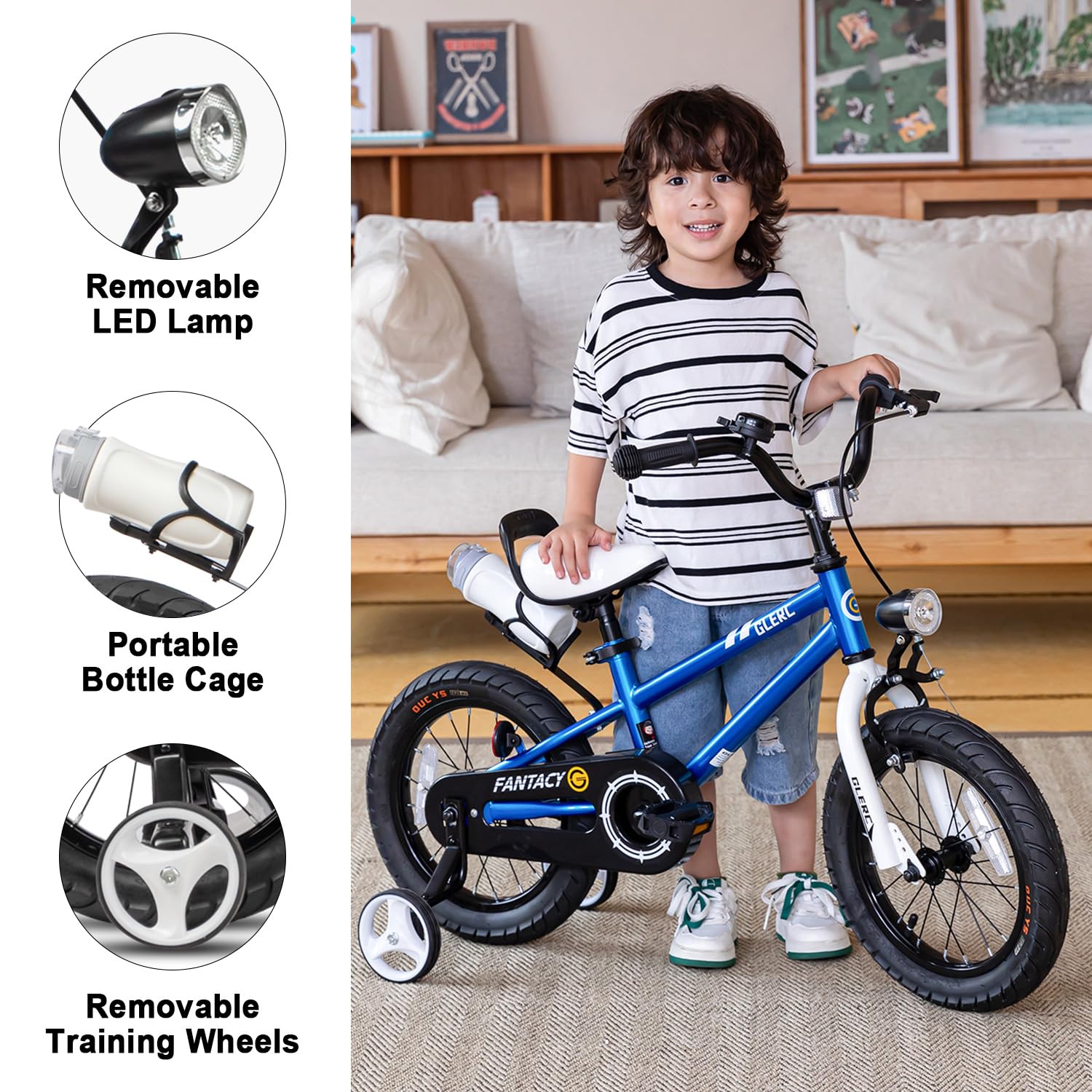 Glerc Fantacy 12 14 16 18 20 Inch Kids Bike for 2-14 Years Old Boys Girls with Water Bottle Holder & Headlight & Training Wheels, Multiple Colors