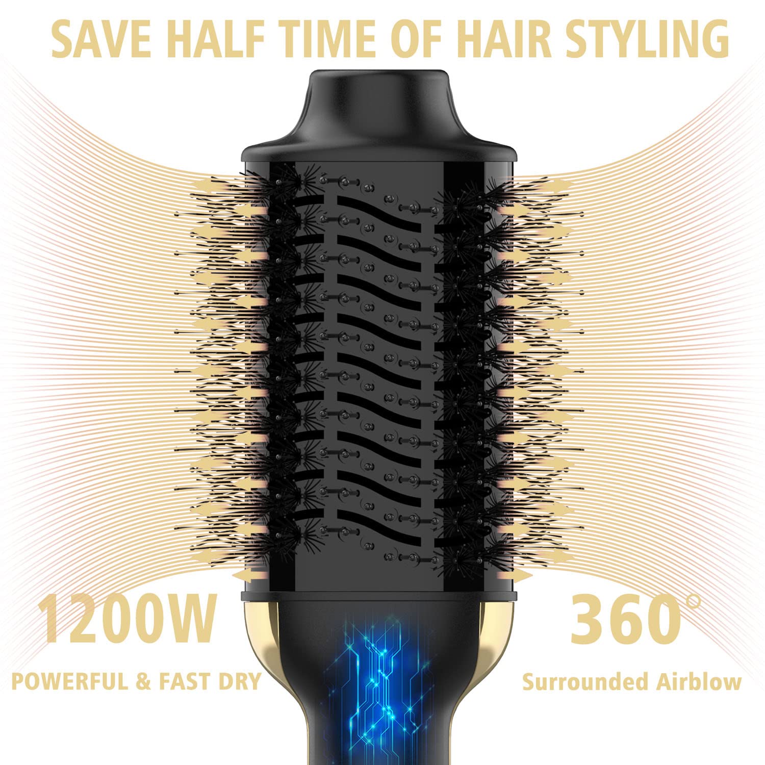 Hair Dryer Brush, 4 in 1 One Step Hair Dryer and Styler Volumizer Professional Hot Air Brush with Negative Ion Anti-frizz Blowout for Drying, Straightening Curling - Black Gold