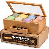Tea Bag Organizer Box 8-Compartment Tea Storage Holder, Bamboo | Clear Acrylic Lid, Magnetic Closure, Pull-Out Drawer for Loose Tea and Sweeteners, Tea Caddy Gift for Tea Lovers