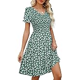 EeYu Women's Summer Dress Casual Short Sleeves V-Neck Flowy Smocked Knee Length Dresses with Pockets