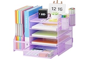 Marbrasse Desk Organizer with File Holder, 5 Tier Paper Letter Tray with Drawer and 2 Pen Holders, Document Organizer with Ma