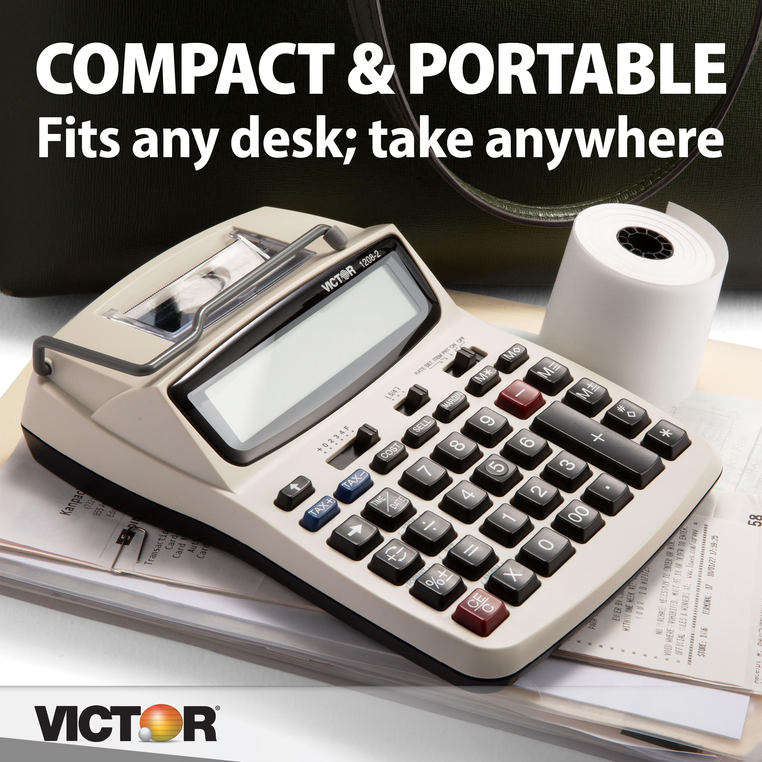 Victor Printing Calculator, 1208-2 Compact and Reliable Adding Machine with 12 Digit LCD Display, Battery or AC Powered, Includes Adapter,White