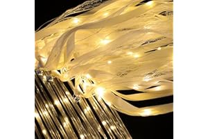 HUIZONHOME 50 Pcs Wedding Wands Ribbon Streamers with 3 Colorful Flashing Modes, Light up LED Silk Fairy Wands, Glow Lace Stick with Bells for Wedding Reception, Graduation, New Year, Birthday Party (Warm White)