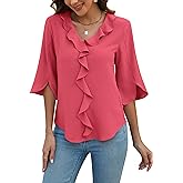 Blooming Jelly Womens Dressy Casual Blouses 3/4 Sleeve V Neck Ruffle Tops Business Ladies Summer Trendy Fashion Work Shirt