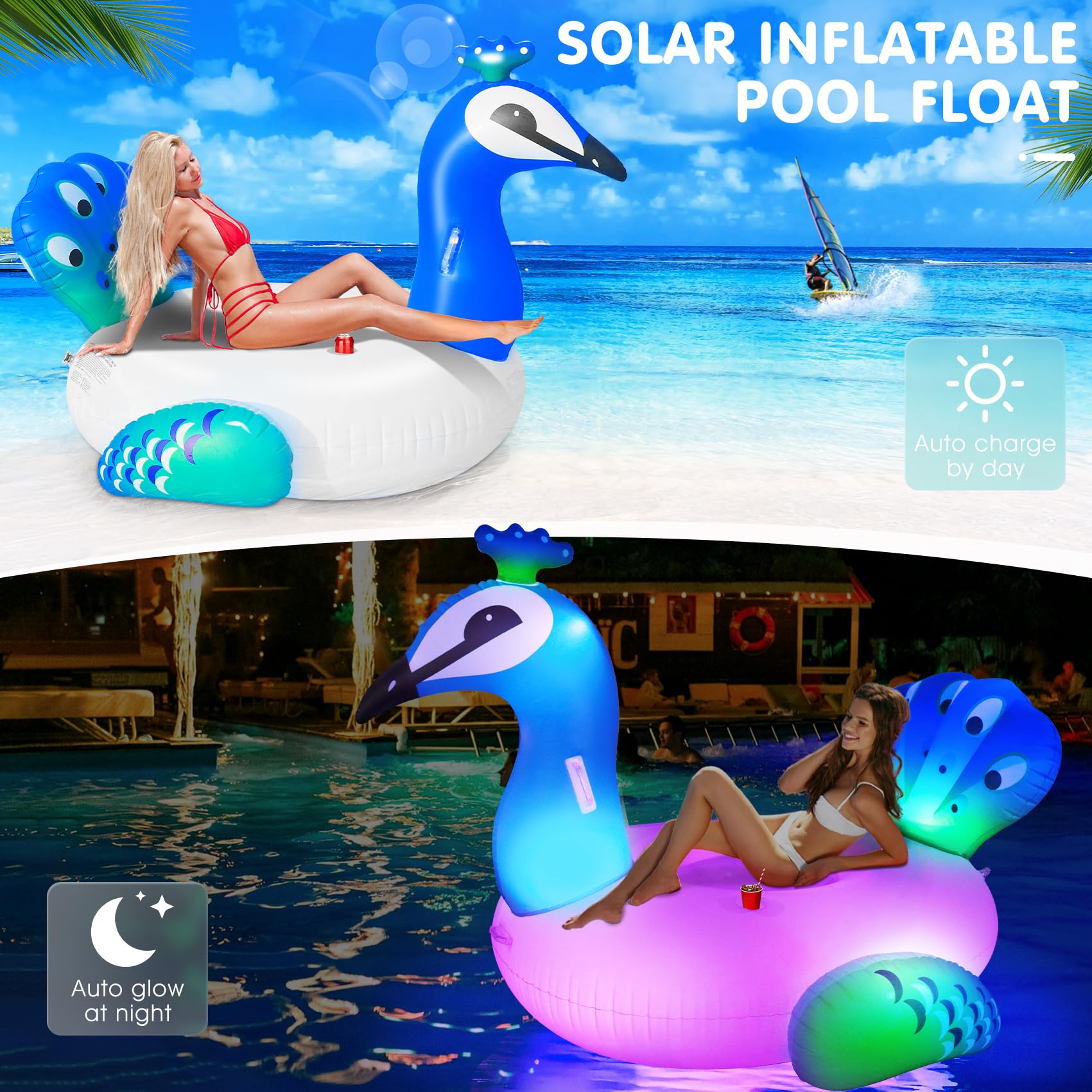 Pepper Pool Float Mua DeeprBetter Inflatable Pool Float with Light, Solar Powered Peacock ...