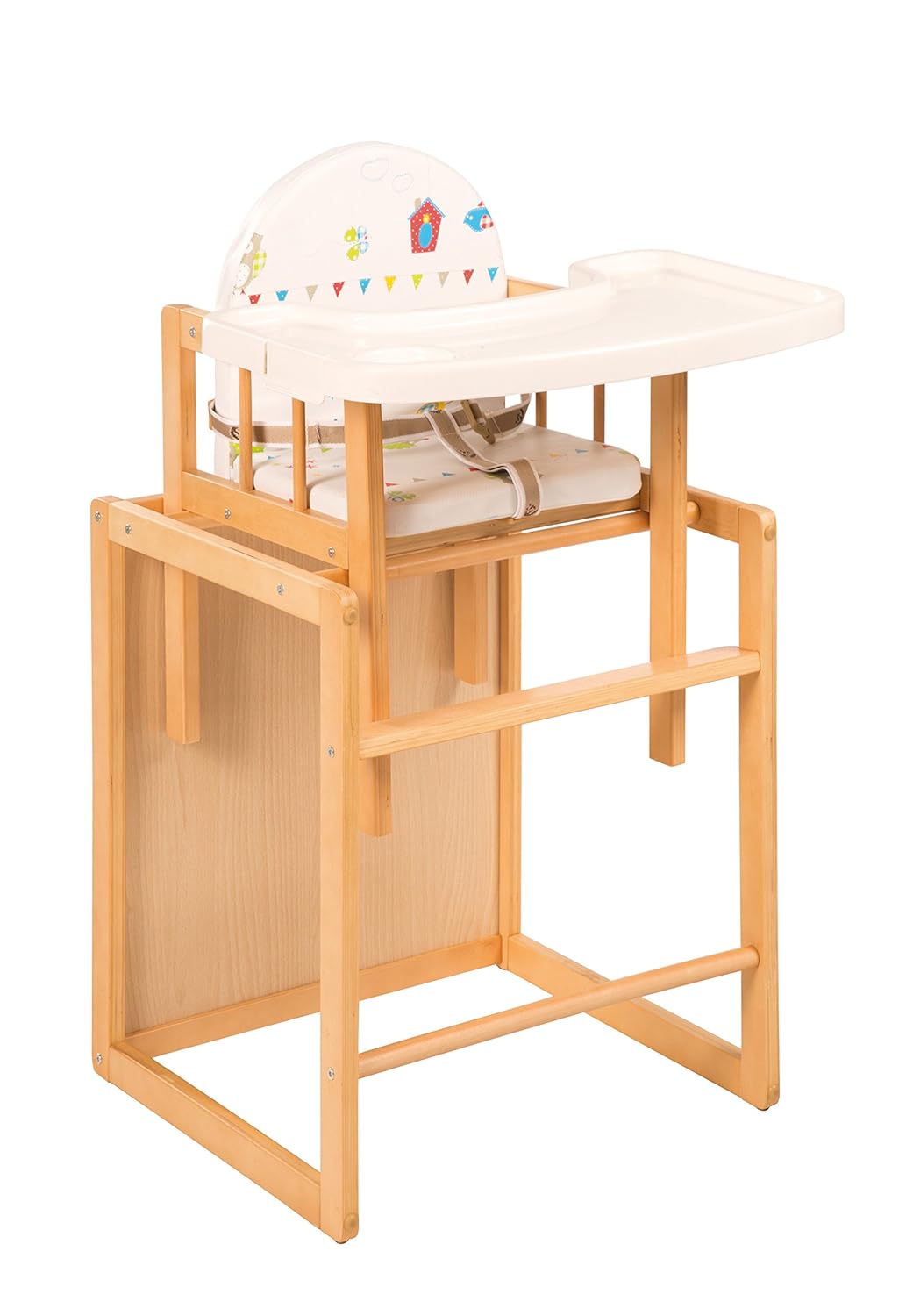 roba Kombi-Hochstuhl, Kinderhochstuhl mit Essbrett wandelbar zu Tisch & Stuhl, Holz Hochstuhl weiß, Sitz gepolstert 'Fox & Bunny'