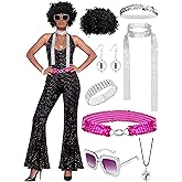 VillbeCoser 70s Disco Outfits for Women Retro Jumpsuit Costume Set 1970s Accessories Glasses Wig Halloween Party