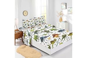 BailiPromise Dinosaur 4 Piece Kids Sheets Full Size,Jurassic Dinosaur Bedding Sheet Set,Boys Printed Flat Sheet Fitted Sheet with 16" Deep Pocket,100% Microfiber Ultra Soft and Skin Friendly