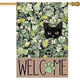 AVOIN colorlife Spring Summer Floral House Flag 28x40 Inch Double Sided Outside, Eucalyptus Black Cat Welcome Seasonal Yard Outdoor Flag