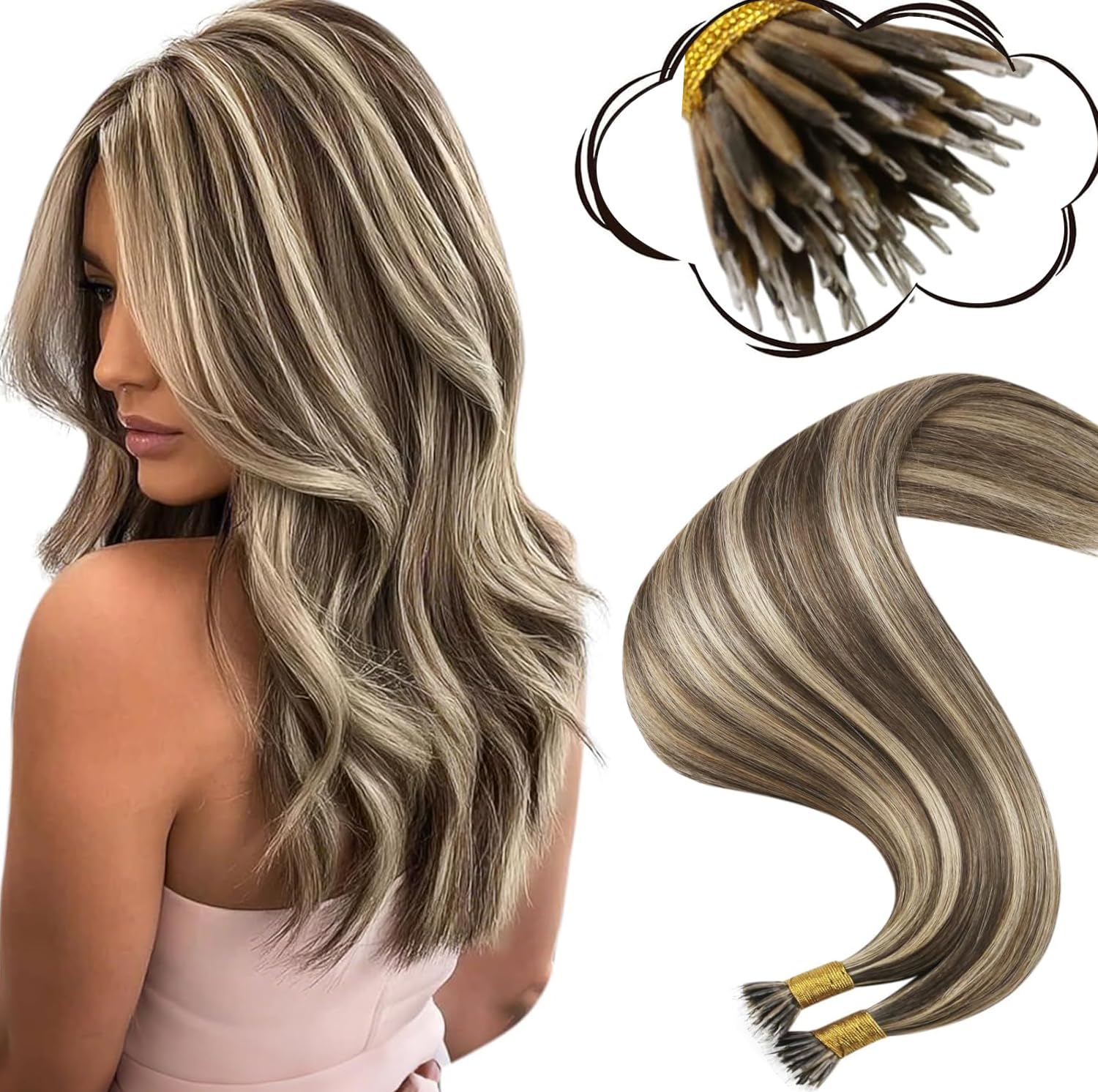 Moresoo Nano Hair Extensions Real Human Hair 1G/S 50G/Pack Nano Beads Hair Extensions Real Human Hair Brown Highlights Strawberry Blonde Remy Hair Straight 14 Inch #P4/27 — image 1