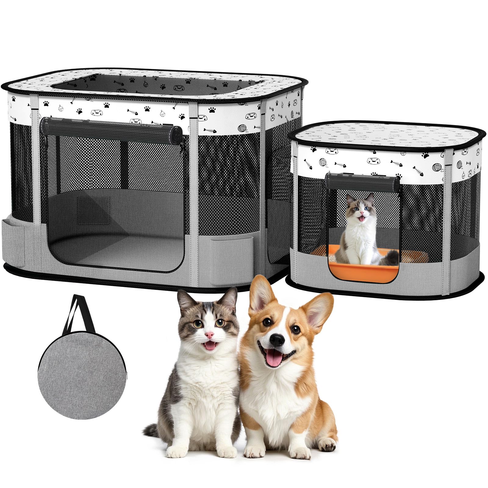 Photo 1 of BUFOR Portable Cat Playpen, Foldable Pet Dog Playpen, for Kitten Puppy Play Pen Indoor/Outdoor, Cats Enclosure Cages Tent with Carrying Case, 600D Oxford 8-Rods, 32"x24"x22", Grey