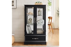 Eyisean Lighted Curio Cabinet 47" H China Cabinet with Tempered Glass Doors, 3-Tier Adjustable Shelves and Acrylic Mirrored Back Pane, Glass Display Cabinet for Living Room (Black)