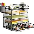 VIEERINN 5 Tier Paper Organizer for Desk, Letter Tray with Drawer and 2 Pen Holders, Mesh File Sorter, Desktop Document Shelf Storage Organization Office School Home Black With Drawer