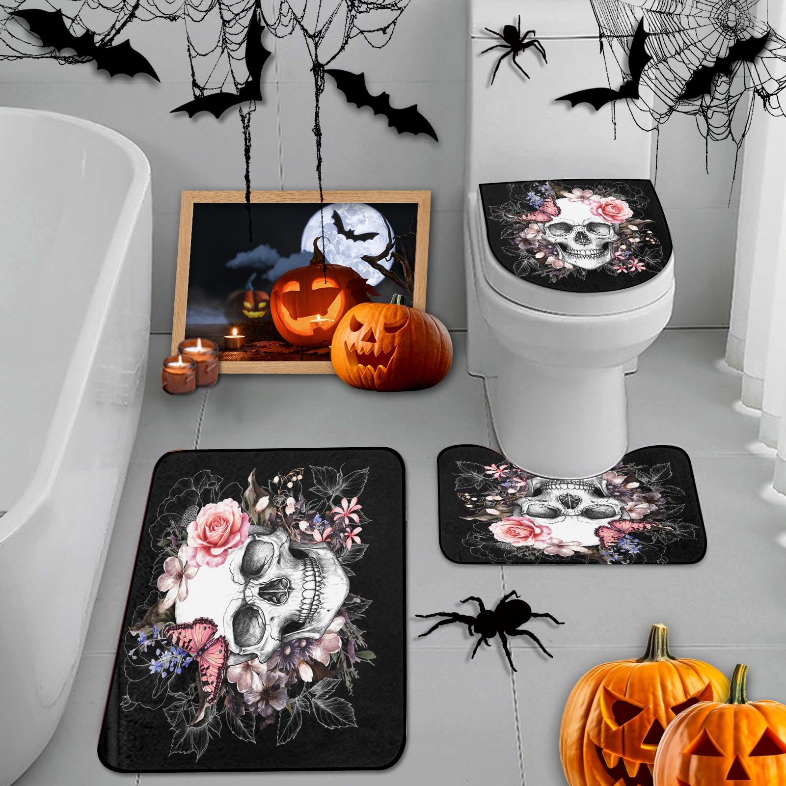 ArtSocket Bathroom Rugs and Mats Set 3 Piece, Floral Sugar Skull and ...