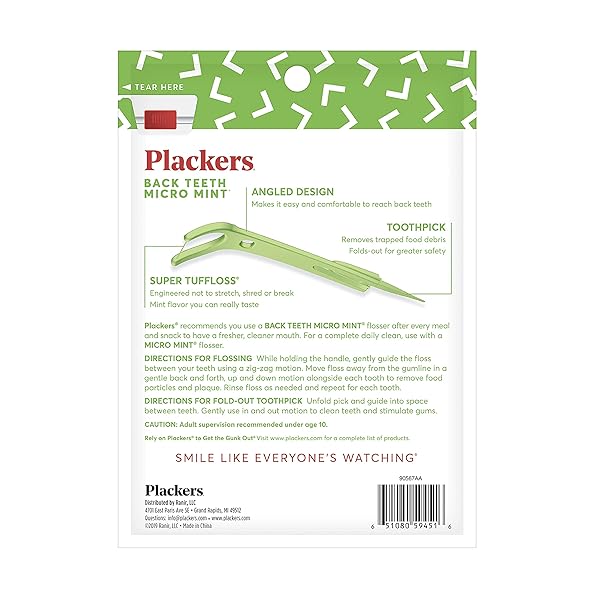 PLACKERS BACK TEETH MICRO MINT DENTAL FLOSSERS, DELICIOUS MINT FLAVOR, 75 COUNT, PROVIDES EASY ACCESS FOR BACK TEETH, BUILT-IN PROTECTED PICK, EASY STORAGE, 75 COUNT