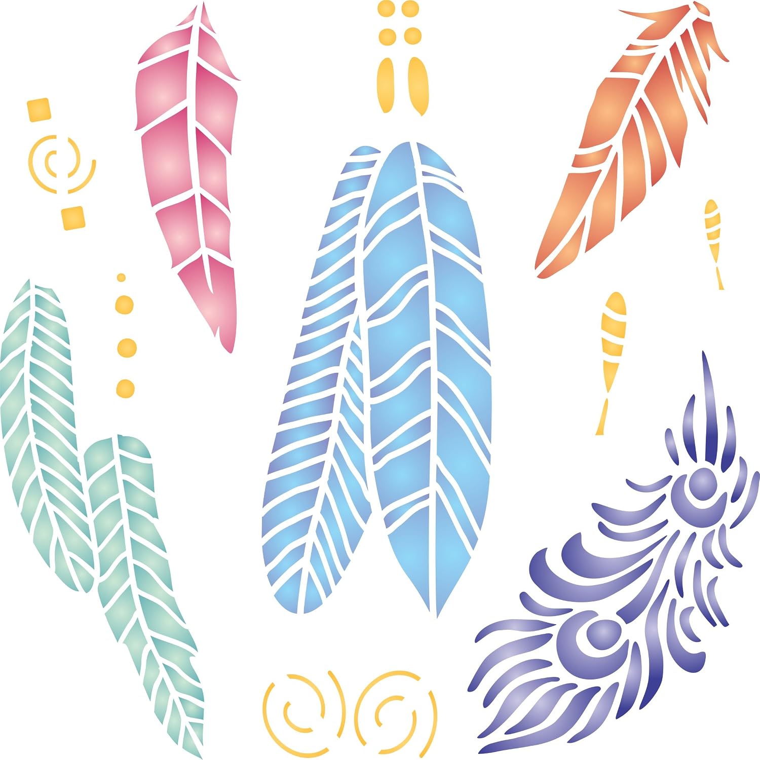 Feathers Stencil - 21.5 x 21.5cm (L) - Reusable Native American Bird Peacock Feather Wall Stencil Template