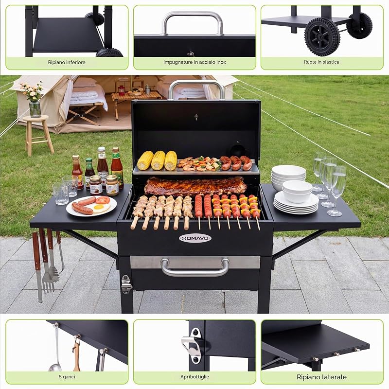 Barbecue a carbone con coperchio e copertura, Grill 2 in 1 compatto per balcone, Termometro integrato, Griglia mantenimento, Protezione esterno e facile da riporre