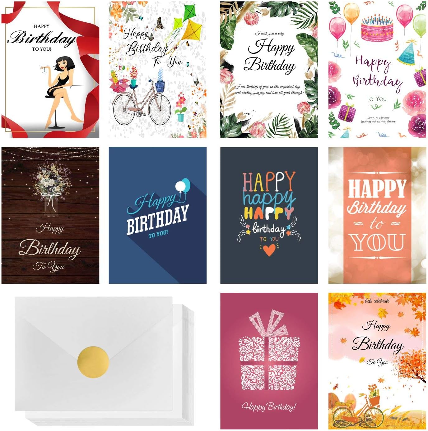 Big Boat 20 Birthday Cards Multipack Adults, Kids, Happy Birthday Cards for Him and Her with 20 Gummed Envelopes