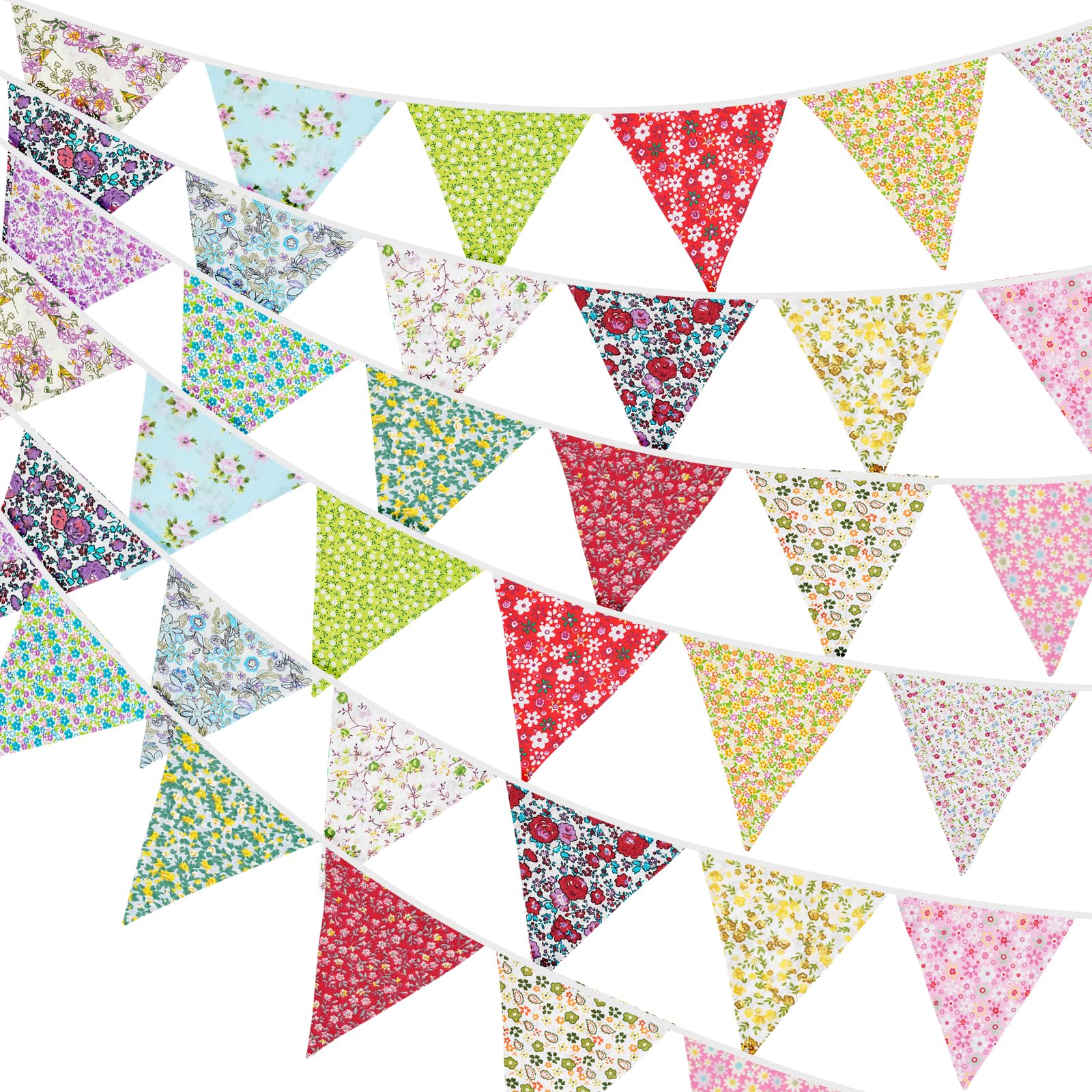 G2PLUS 36PCS Double Sided Fabric Bunting, 10M Multicoloured Floral Cotton Banner, 17x19CM Large Triangle Garland Reusable for Indoor and Outdoor Party Decoration
