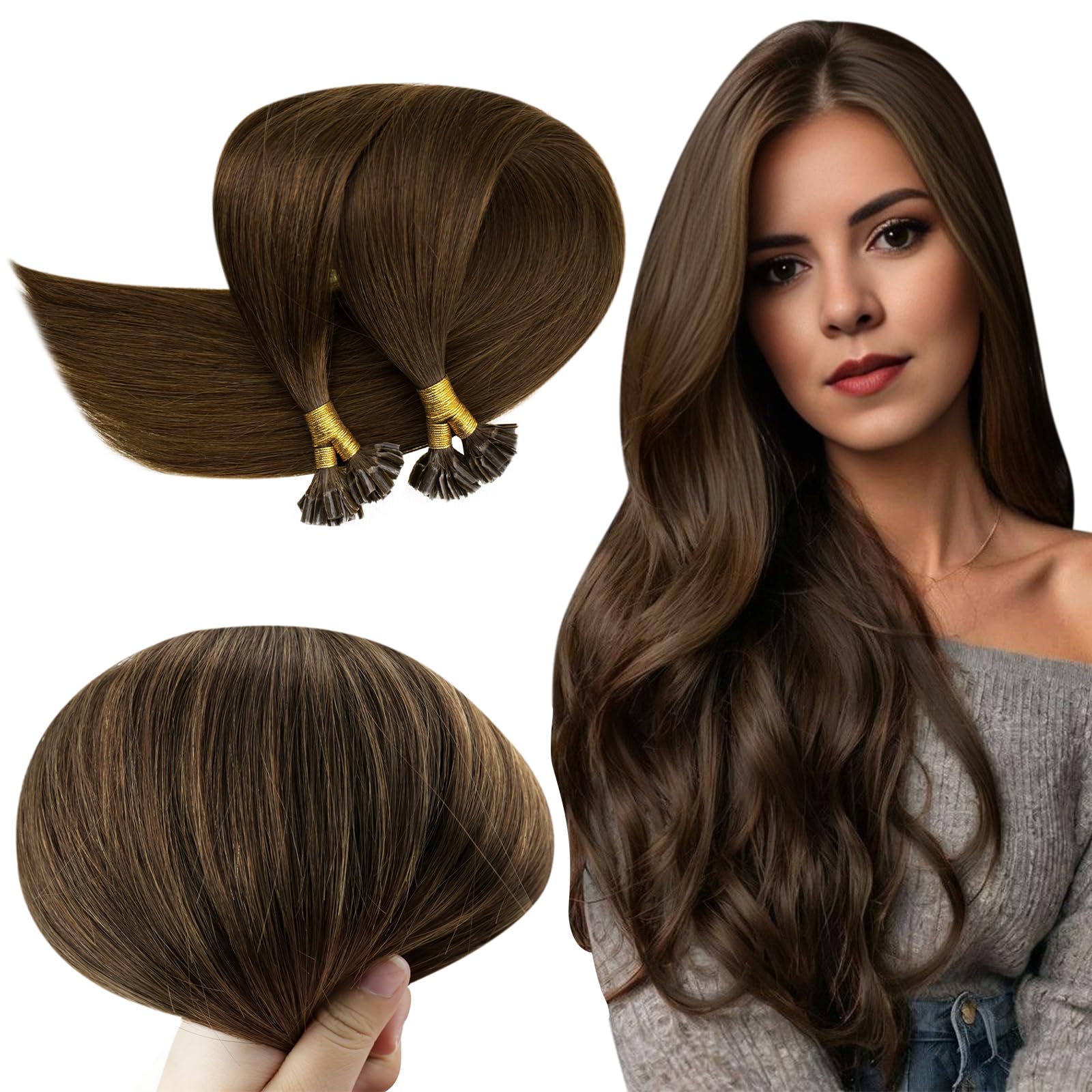 RUNATURE Brown U Tip Hair Extensions Real Human Hair Brown Pre Bonded Hair Extentions Human Hair Keratin Hair Extensions Brown U Tipped Extensions 24 Inch 50 Gram Straight