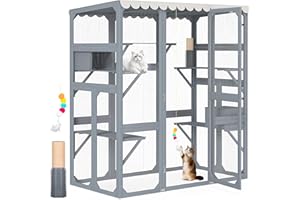 PETIMBER Catio Outdoor Cat Enclosure - 7 Tiers Large Wooden Cat House, 65.5" Outdoor Catio for Multiple Cats with Waterproof Roof, 7 Platforms, 2 Resting Box, Cat Scratching Post