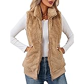 LOMON Womens Fuzzy Fleece Vest, Casual Warm Sleeveless Zip Up Sherpa Vest Jacket with Pockets for Fall/Winter