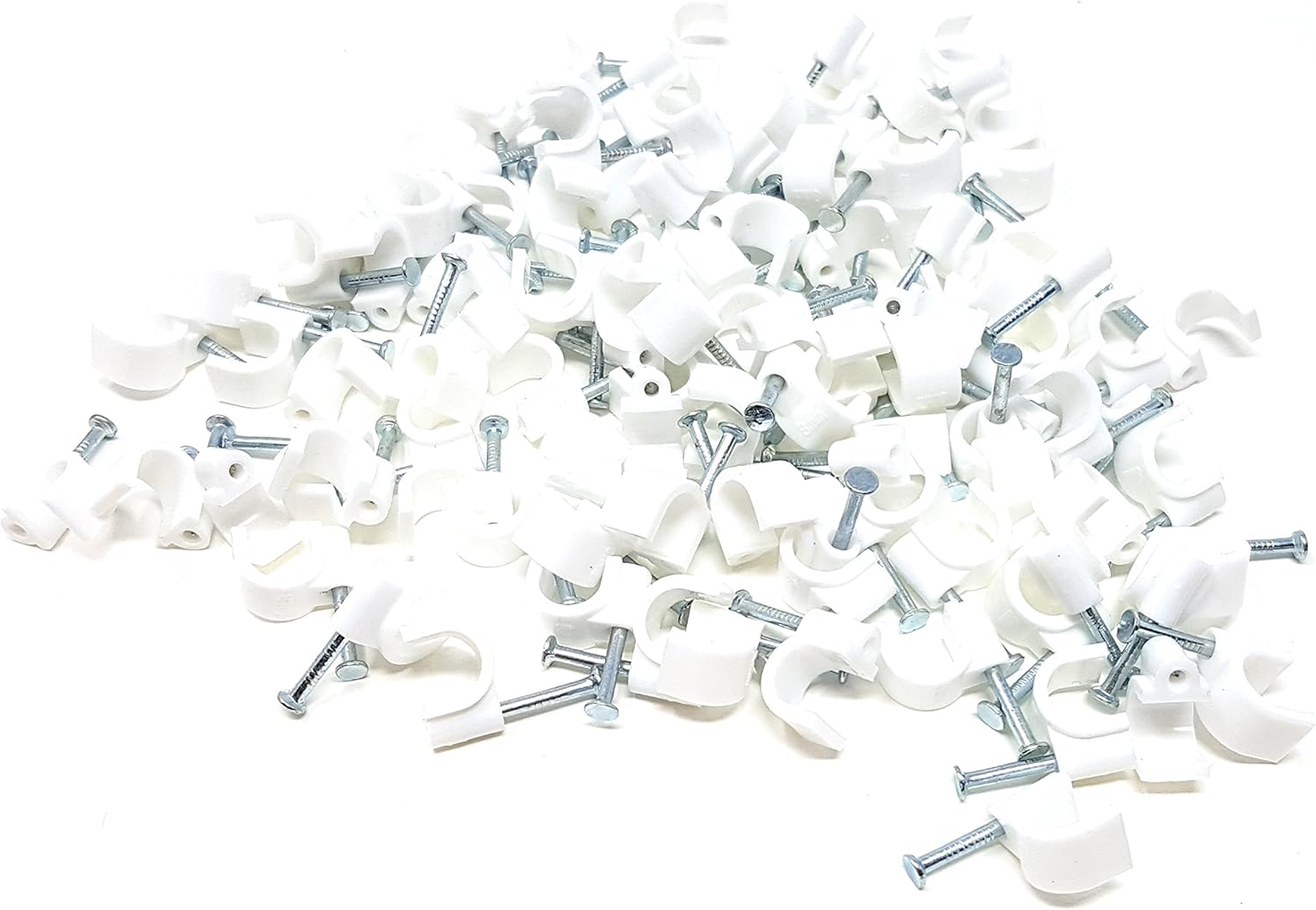 White Pack of 100 / 8mm 0.8cm Round Cable Clips Secure Fastenings Compatible with Speakers Power Network CCTV TV BNC RCA HDMI XLR AUX RJ45 CAT5 CAT6 CAT7 CAT5e CAT6a Speakon LAN Audio USB 3.5mm 6.35mm