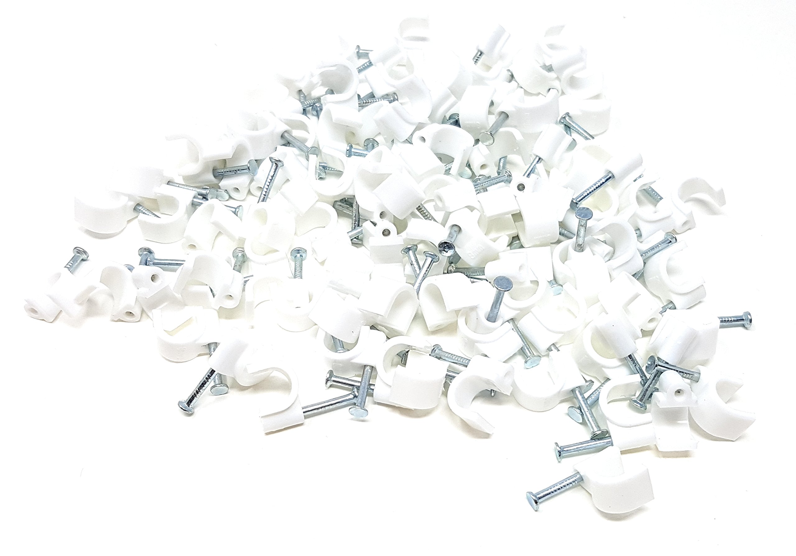 White Pack of 100 / 8mm 0.8cm Round Cable Clips Secure Fastenings Compatible with Speakers Power Network CCTV TV BNC RCA HDMI XLR AUX RJ45 CAT5 CAT6 CAT7 CAT5e CAT6a Speakon LAN Audio USB 3.5mm 6.35mm
