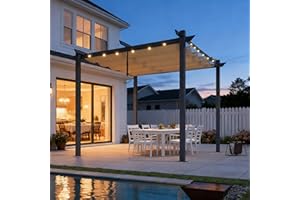 PURPLE LEAF 10' X 10' Patio Pergola Retractable Canopy Metal Pergolas and Gazebos Aluminum Outdoor Pergola with Sun Shade Canopy for Patio Deck Porch with 12 Led String Lights Khaki