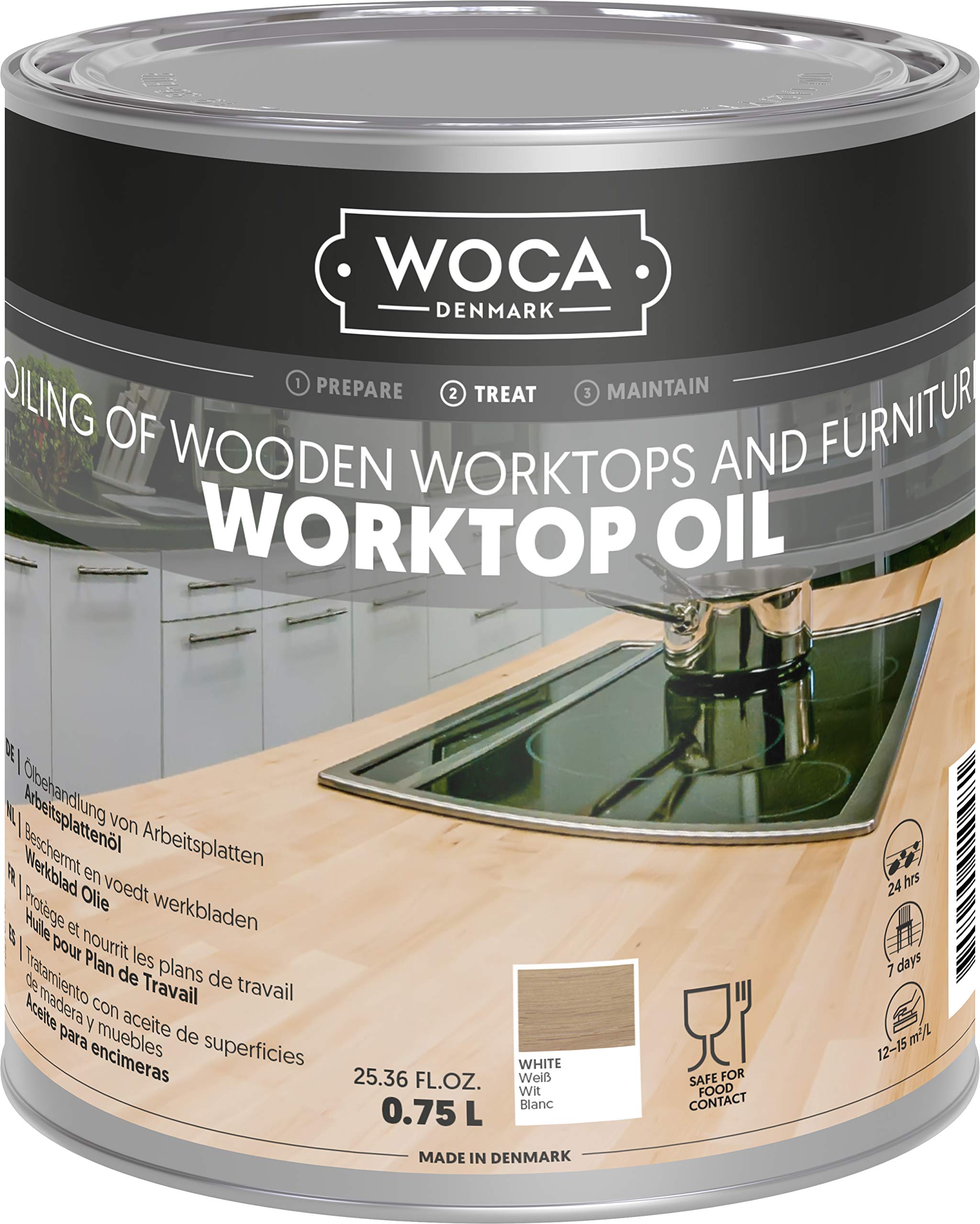 WOCA Denmark Worktop Oil White |750 ml| Finish & Restore Wood Butcher Block countertops, Cutting Boards, Kitchen Furniture and Other Wood Items Naturally. Food Contact Safe