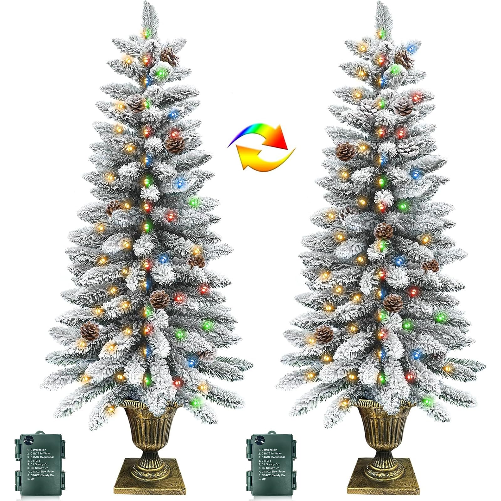Photo 1 of 2 Pack 4 Ft Snow Flocked Christmas Entrance Tree in Pot Base with Timer 8 Mode 60 Warm White and Colorful Change Lights 12 Pine Cone Battery Operated for Porch Front Door Entryway Home