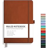 RETTACY Lined Journal Notebook, 192 Numbered Pages, A5 Size (5.7'' x 8.3'') | Leather Hardcover, 100 GSM Thick Paper, for Men &amp; Women, Journaling, Writing, Work &amp; Office (Brown)