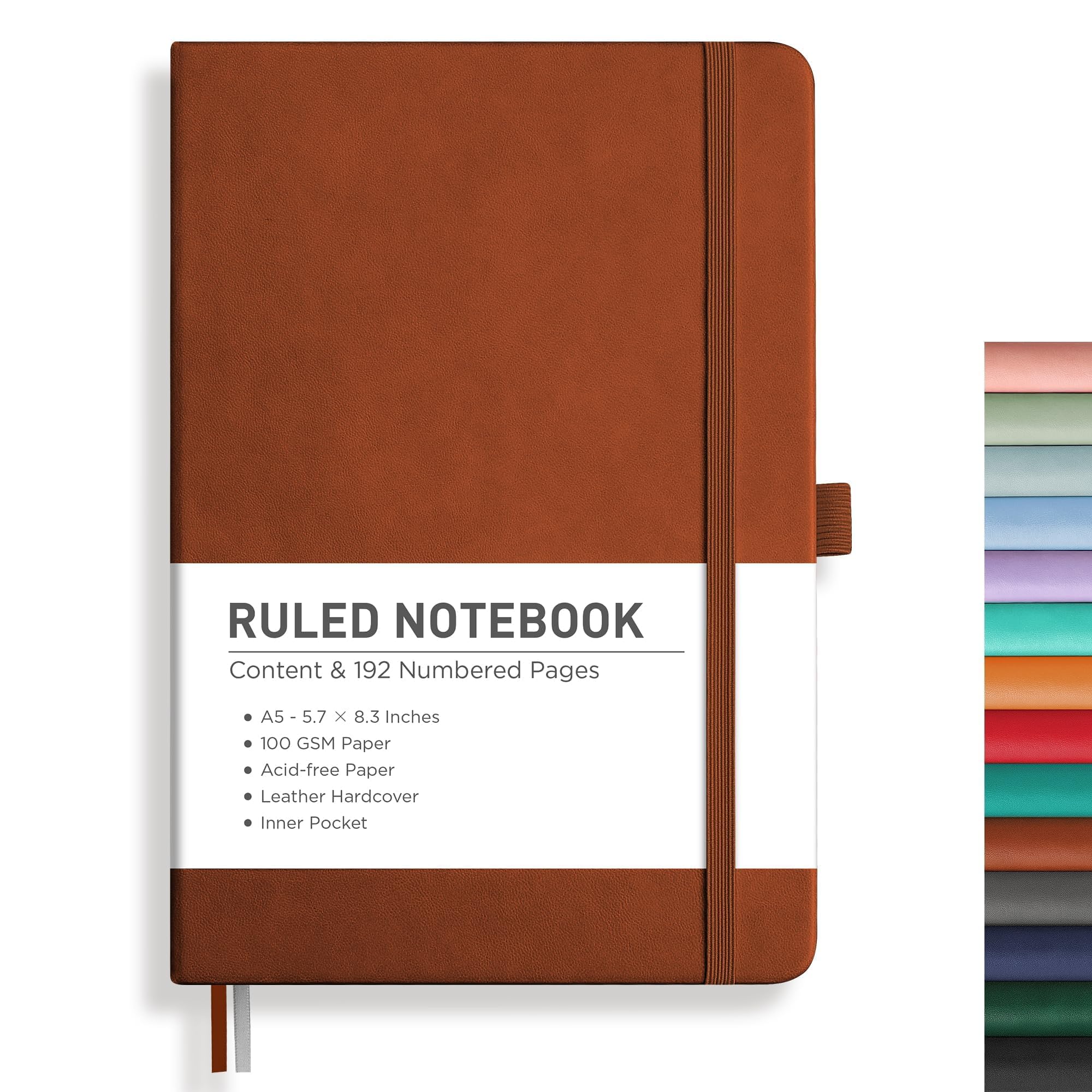 Photo 1 of RETTACY Lined Journal Notebook, 192 Numbered Pages, A5 Medium Size (5.7'' x 8.3''), for Men & Women, Journaling, Writing, Work & Office, Leather Hardcover, 100 GSM Thick Paper (Brown)