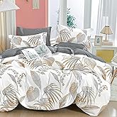 ALEISSEL Natural Cotton 3pcs Floral Comforter Sets Queen Size-Gray Comforter with Luxurious Brown Branches and Taupe & Gray Leaves on White, Reversible Lightweight Bedding Sets(Queen)
