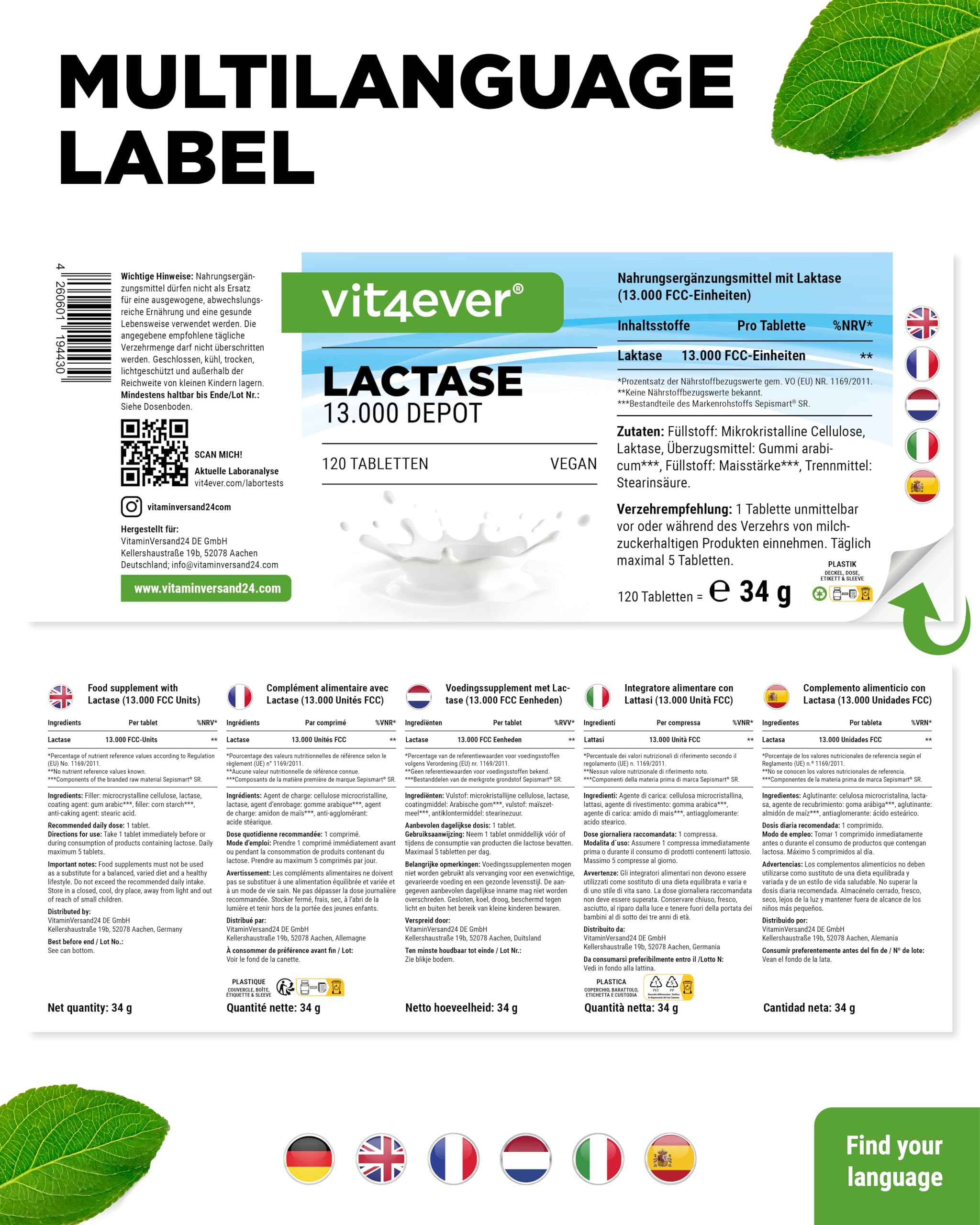 vit4ever Laktase 13.000 Depot - 120 Tabletten mit Depotwirkung (Sepismart® Slow Release) - Hochdosiert mit 13.000 FCC-Einheiten - Bei Laktoseintoleranz + Milchunverträglichkeit - Vegan 6
