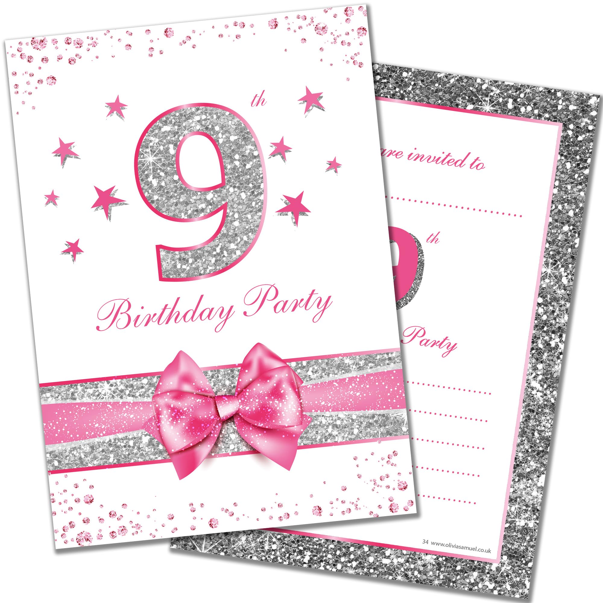 Olivia Samuel 20 x 9th Birthday Party Invitations from Pink Sparkly Design and Photo Effect Silver Glitter - A6 Postcard Size with envelopes
