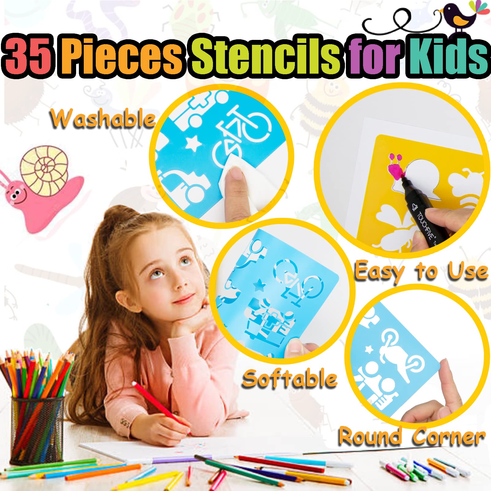Stencils for Kids,35 PCS Drawing Stencils Templates Kids Reusable Plastic Stencils with Variety of Themes/Shapes,Girls Boys Christmas Birthday Gift