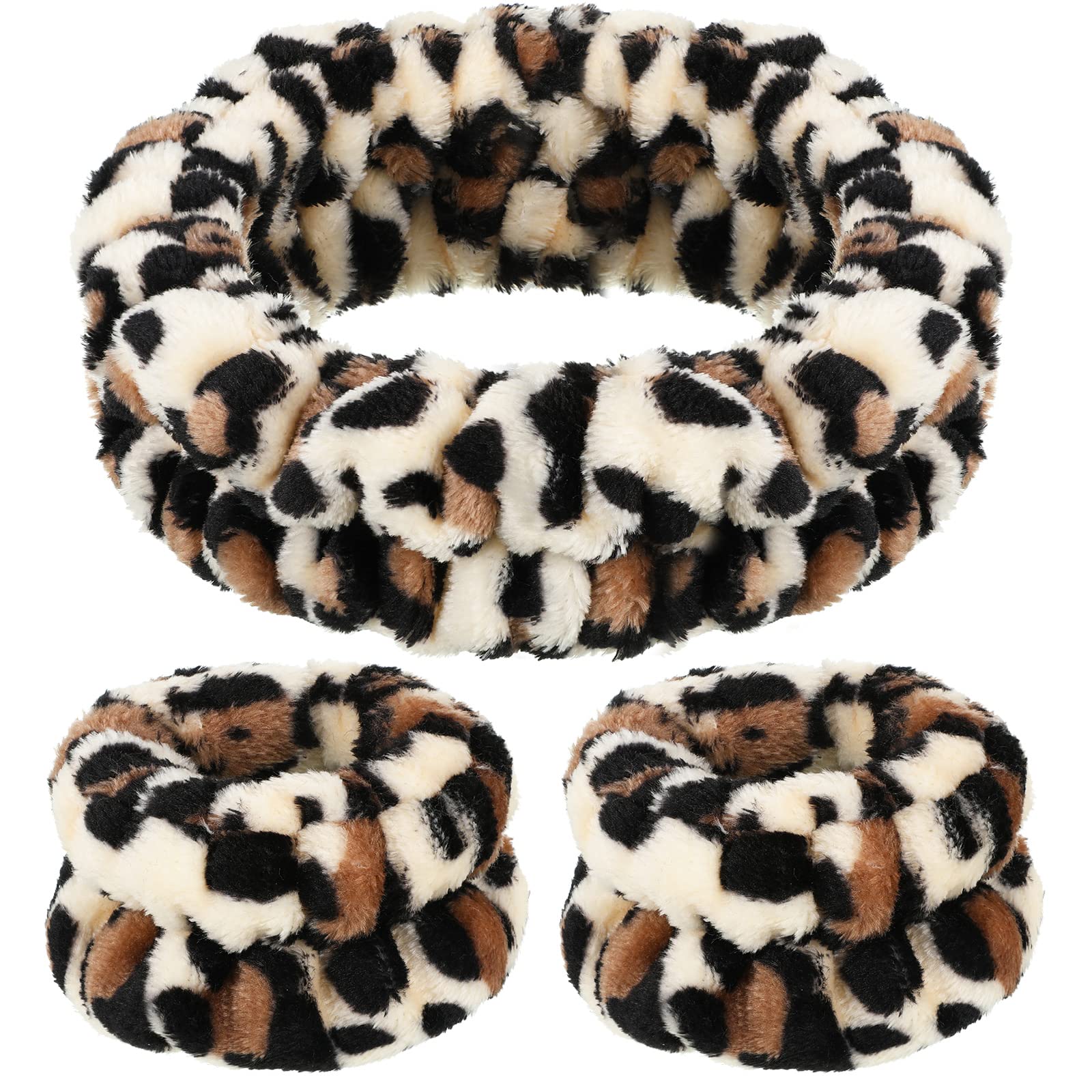 3 Pcs Spa Headband Wrist Washband Set Soft Spa Facial Makeup Skincare Headband Elastic Wrist Sweatband Yoga Sports Shower Fluffy Facial Washing Band for Women Men Gift(Cow Print,White, Black)