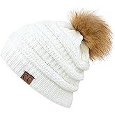 C.C Fur Pom Winter Fall Trendy Chunky Stretchy Cable Knit Beanie Hat
