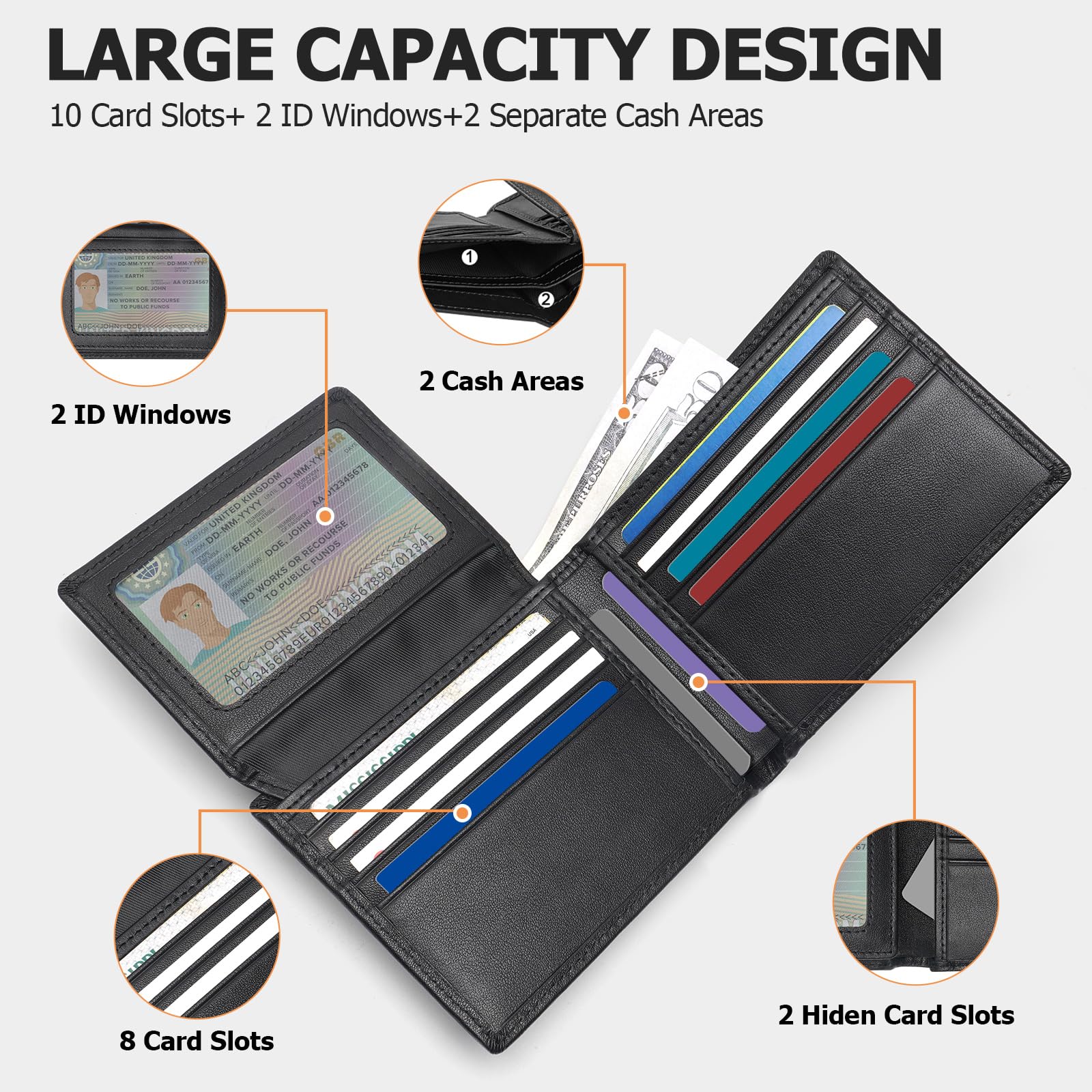 Leather Wallets for Men, Genuine Leather Mens Wallets Bifold Rfid Blocking with 2 ID Windows