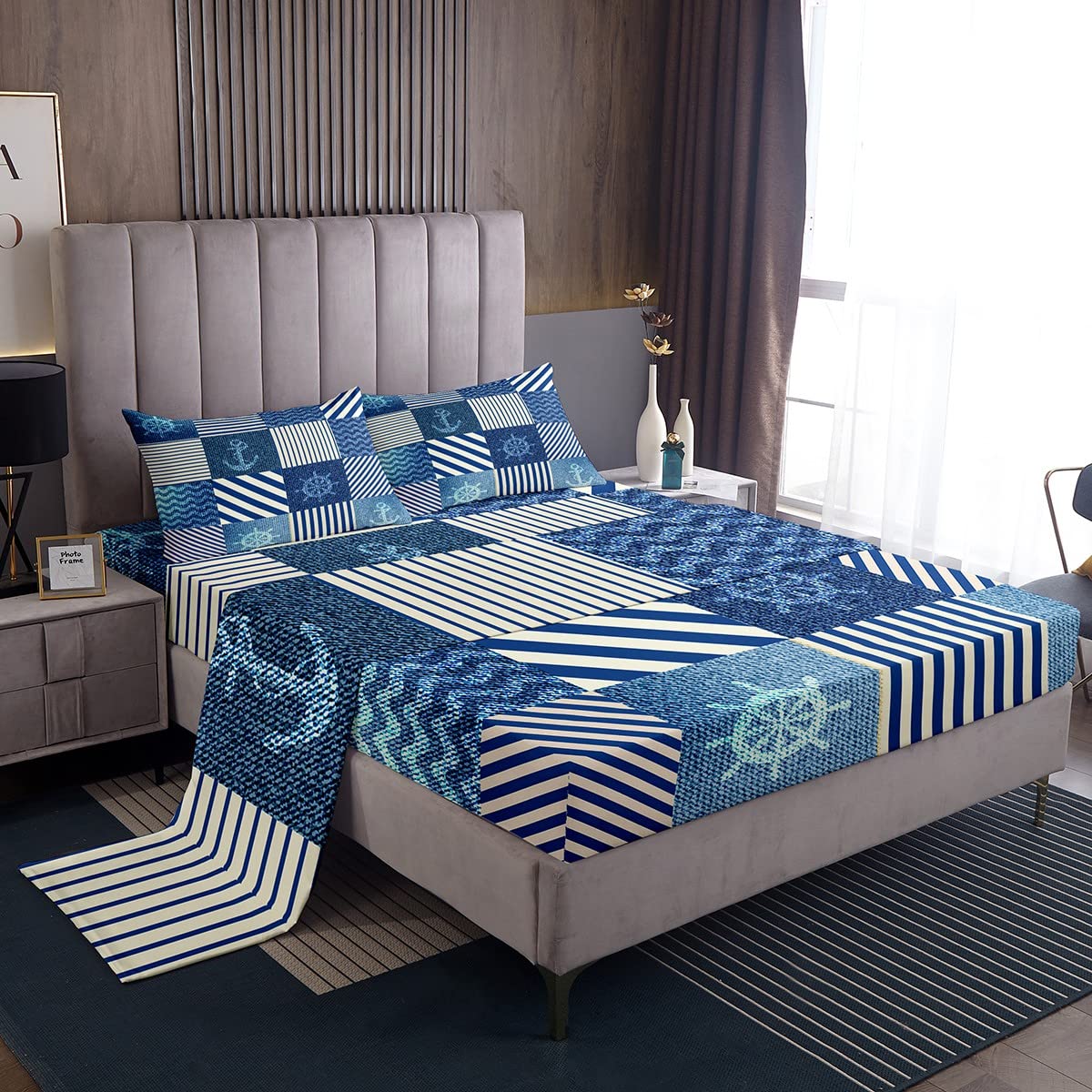Nautical Bed Sheets Anchor Bedding Sheet Ocean Stitching Style Bedding Set for Boys Girls Children Teens Sea Adventure Bed Sheet Set King Size