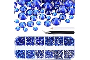TecUnite 2000 Pieces Flat Back Gems Round Crystal Rhinestones 6 Sizes (1.5-6 mm) with Pick Up Tweezer and Rhinestones Picking Pen for Crafts Nail Face Art Clothes Shoes Bags DIY (Royal Blue)