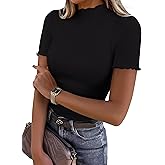 ANRABESS Women's Lettuce Trim Mock Neck Short Sleeve Tops Casual Ribbed Knit Slim Fit Tee Shirt Spring Layer Vacation Outfits
