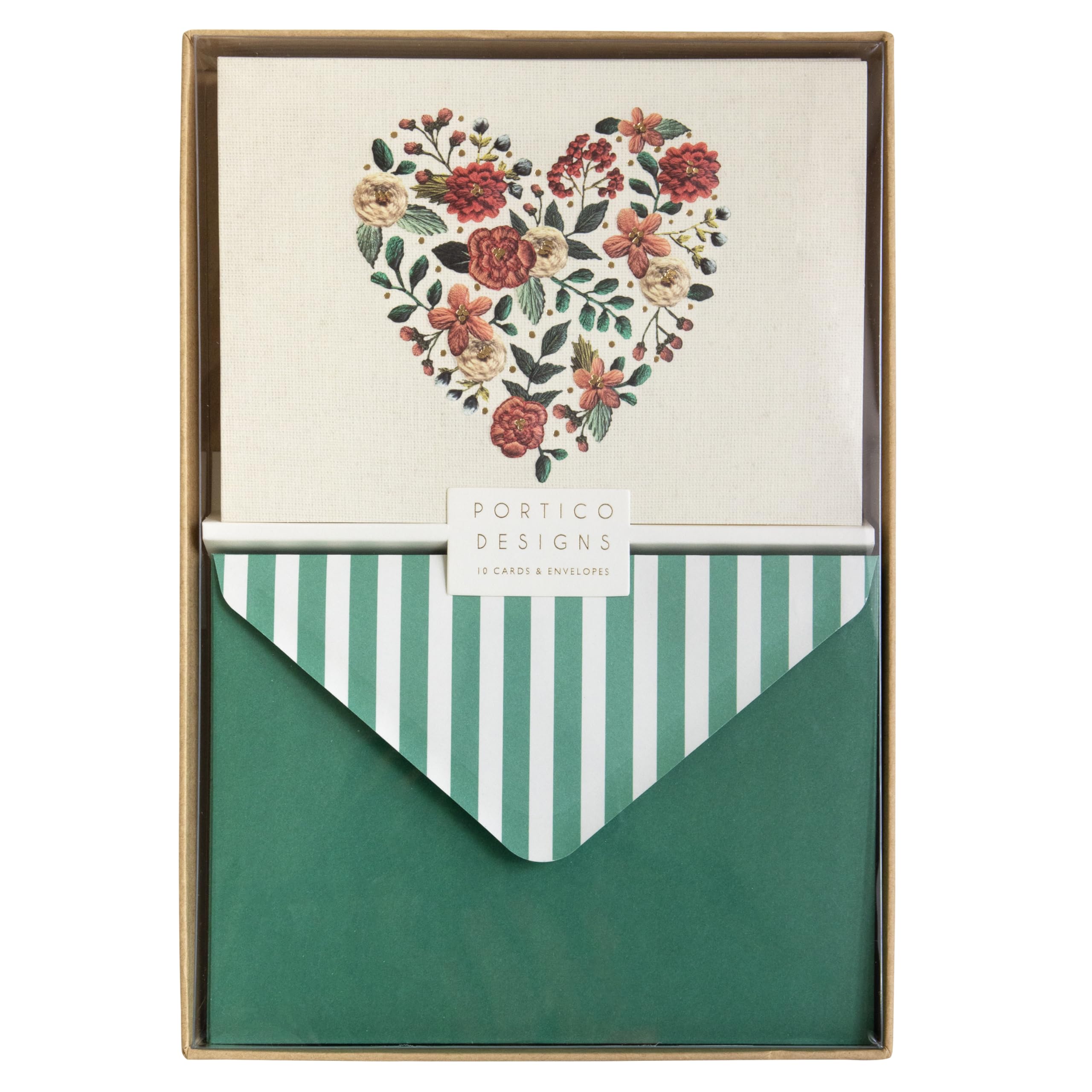 Portico Designs Ltd Embroidered Heart Boxed Notecards with Envelopes, Set of 10 Greeting Cards with Gold Foil Detail and Embossing for Thank You Notes and Personal Messages