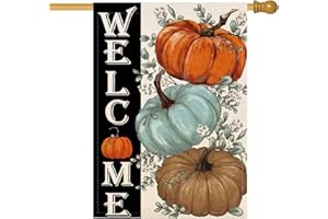 Baccessor Fall Pumpkins House Flag 28 x 40 Inch Double Sided Harvest Autumn Eucalyptus Leaves Welcome Thanksgiving Burlap Large Flag Holiday Seasonal Outside Yard Outdoor Decoration
