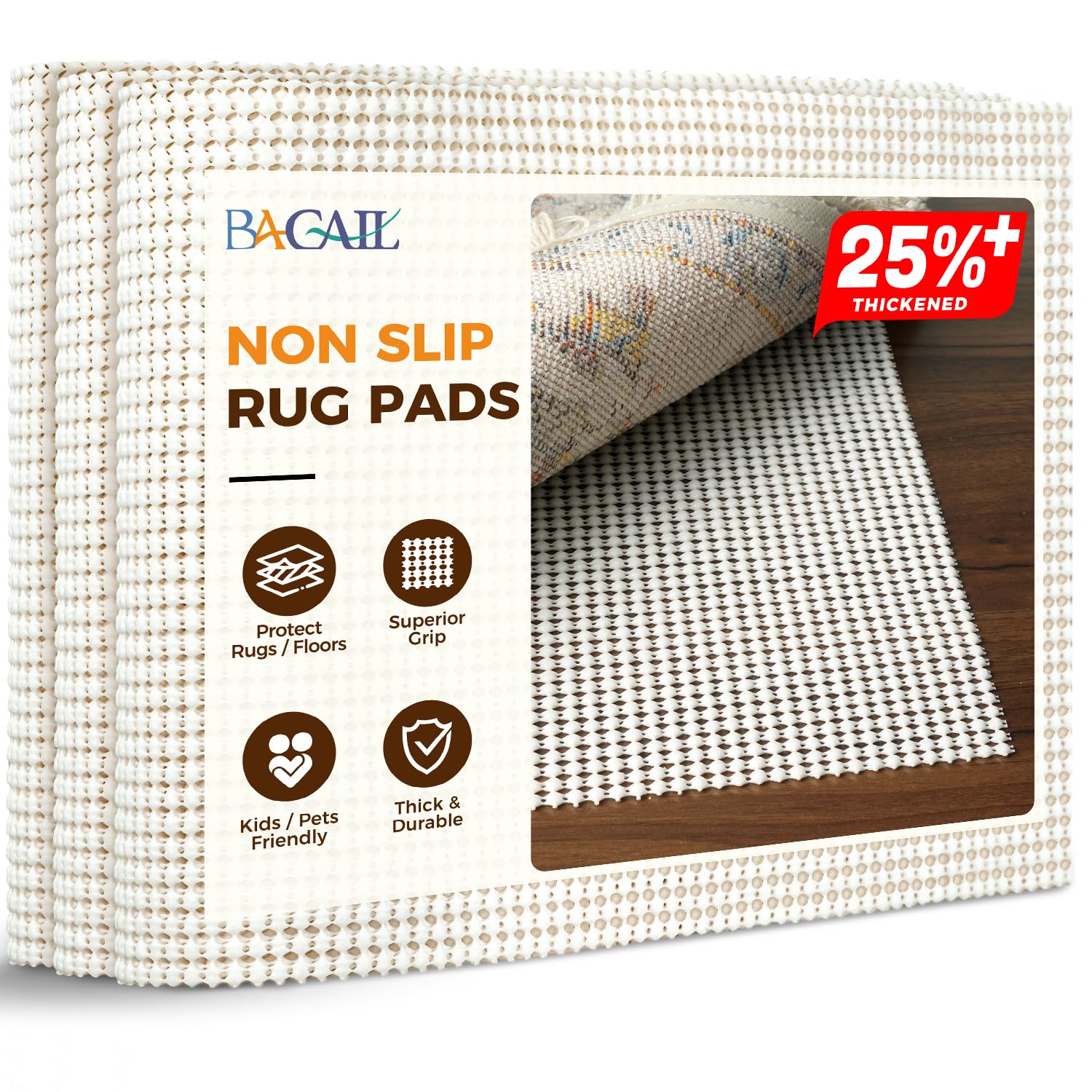 BAGAIL BASICS 2 x 3 FT Rug Pad Gripper for Hardwood Floors, Non Slip Rug Pads for Area Rugs, Extra Thick Under Rug Padding, Protect Your Rugs & Floors
