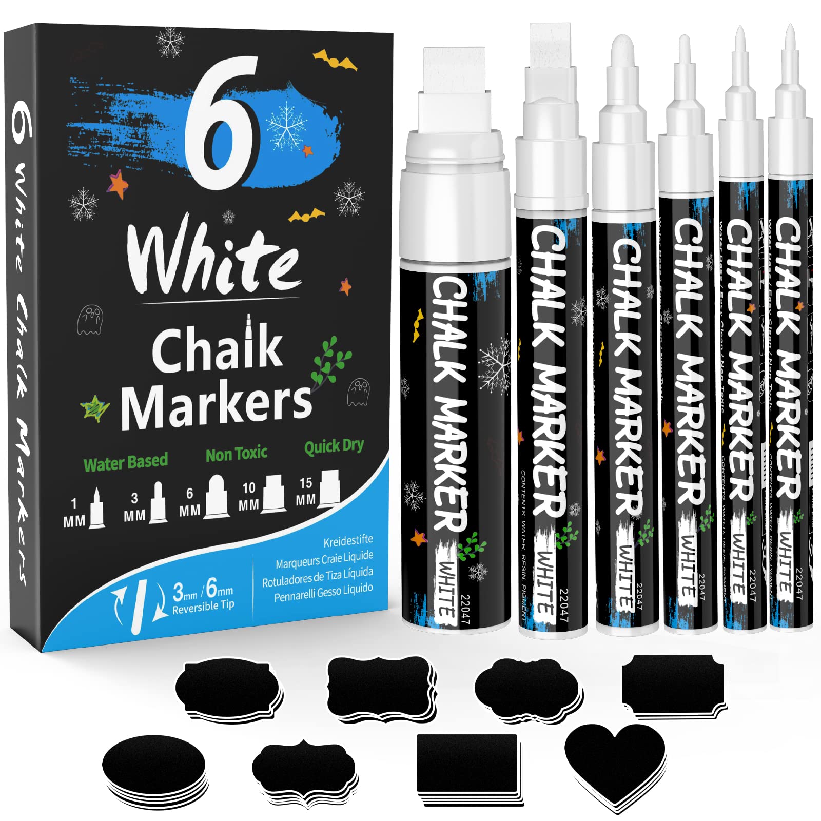 Photo 1 of White Window Chalk Markers Pen: 6 Pack White Glass Marker, Liquid Chalk Marker for Chalkboard Signs, Car Window Paint Marker Pen for Bistro, Jars, Erasable, Non-Toxic, 5 Nib Sizes (1, 3, 6, 10, 15mm)